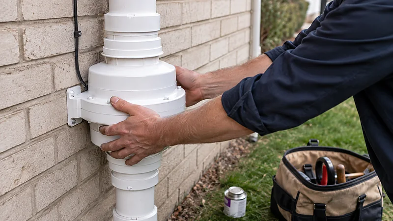 A technician fitting a replacement in-line radon fan to exterior vent piping on a brick wall