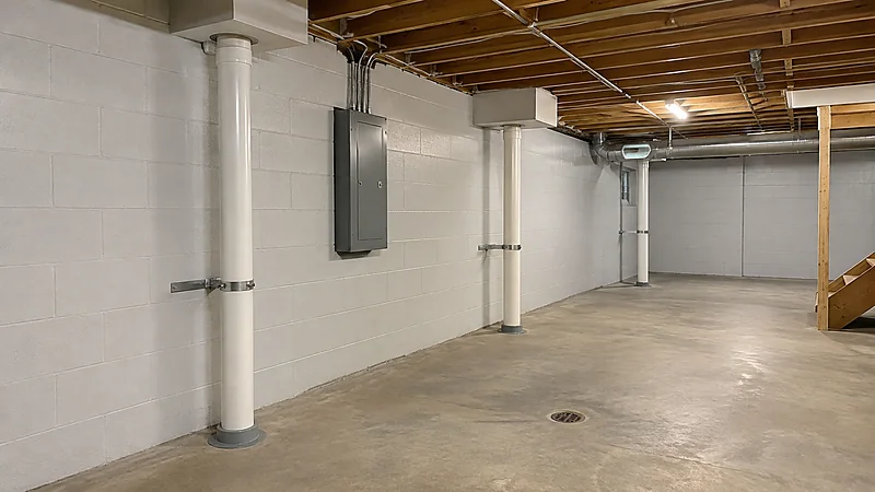 Several radon vent risers rising from the slab of a shared apartment building basement into ceiling chases