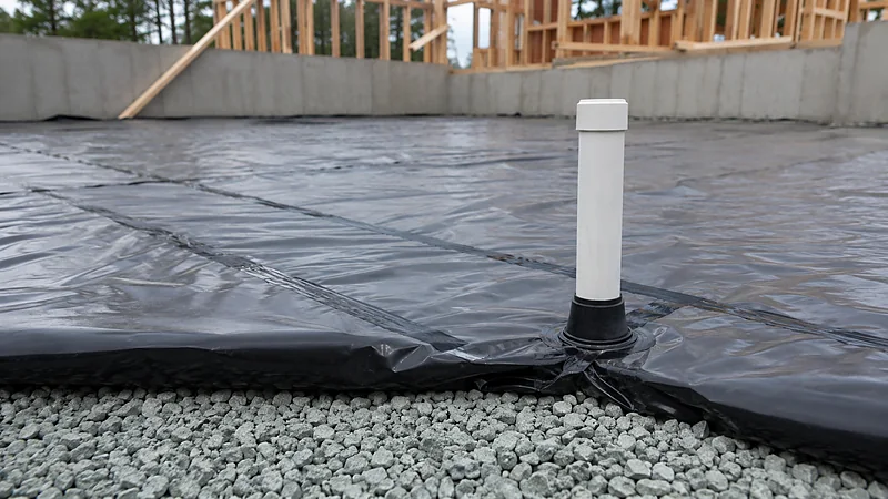 A capped radon vent stub sealed through a soil-gas membrane over aggregate, before the slab pour