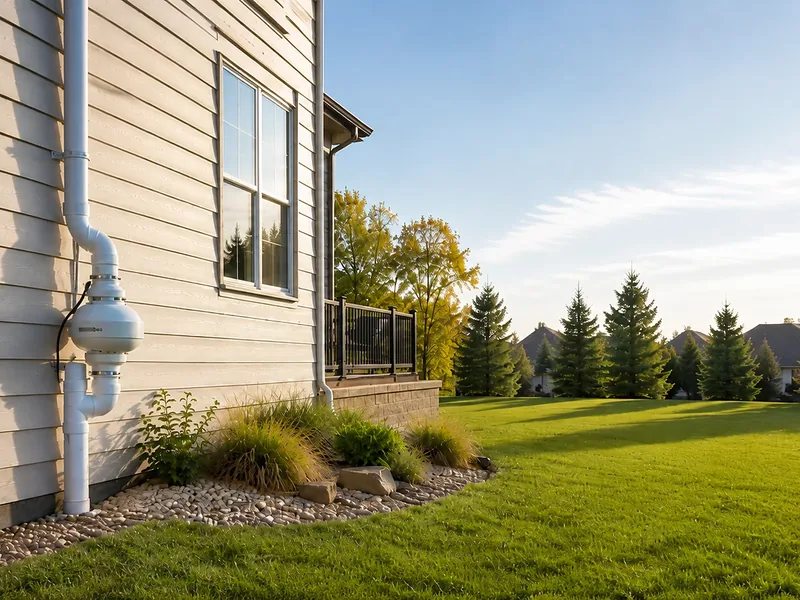 A completed radon mitigation system, its vent riser and in-line fan running up the exterior wall of a home