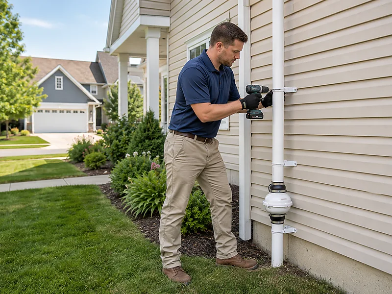 A radon technician fastening a pipe strap on an exterior vent riser at a home