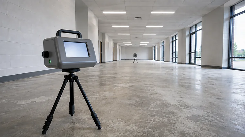 Continuous radon monitors placed on tripods in the ground floor of a commercial building