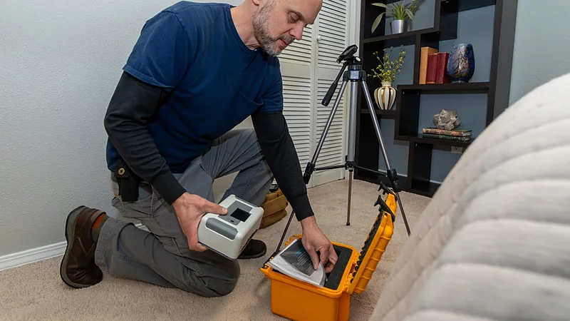 A radon technician setting up a continuous radon monitor in a home