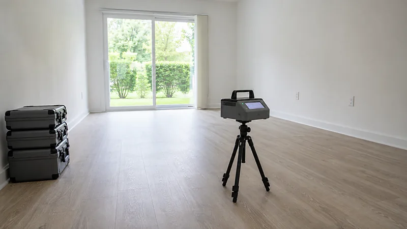 A continuous radon monitor running in a vacant ground-floor apartment unit, with instrument cases waiting nearby