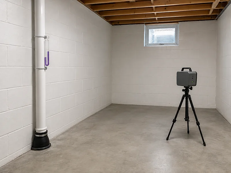 A continuous radon monitor on a tripod verifying a radon riser fitted with a u-tube manometer in a basement