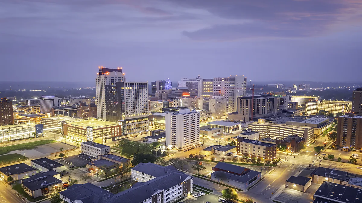 Downtown Rochester, Minnesota at dusk seen from above
